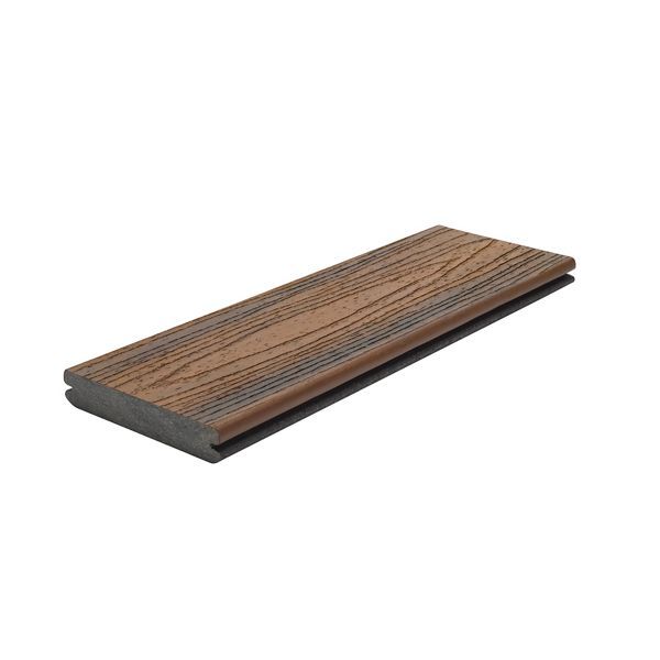 Trex Transcend composite decking sample in Spiced Rum